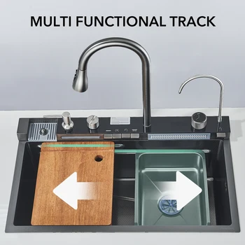 Nano Kitchen Sink 201 Stainless Steel Kitchen Waterfall Sink Digital Display Large Single Sink Dish Basin Sink With Faucet 4