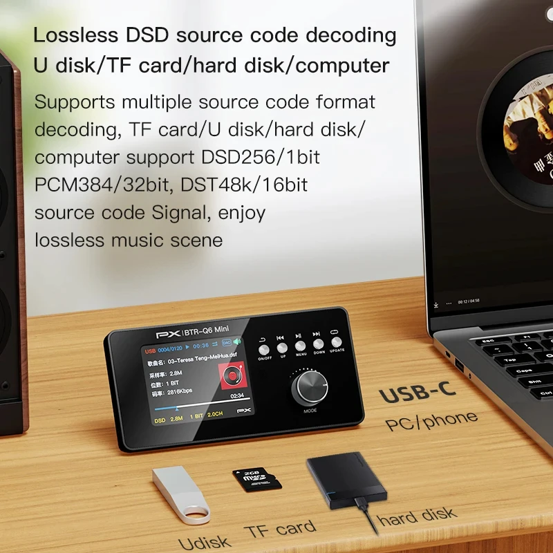 Mini Digital Audio Player Decoder DSD256 Lossless Decoding QCC5125 Bluetooth 5.1 HIFI Player USB TF Card Read 5.1 Channel