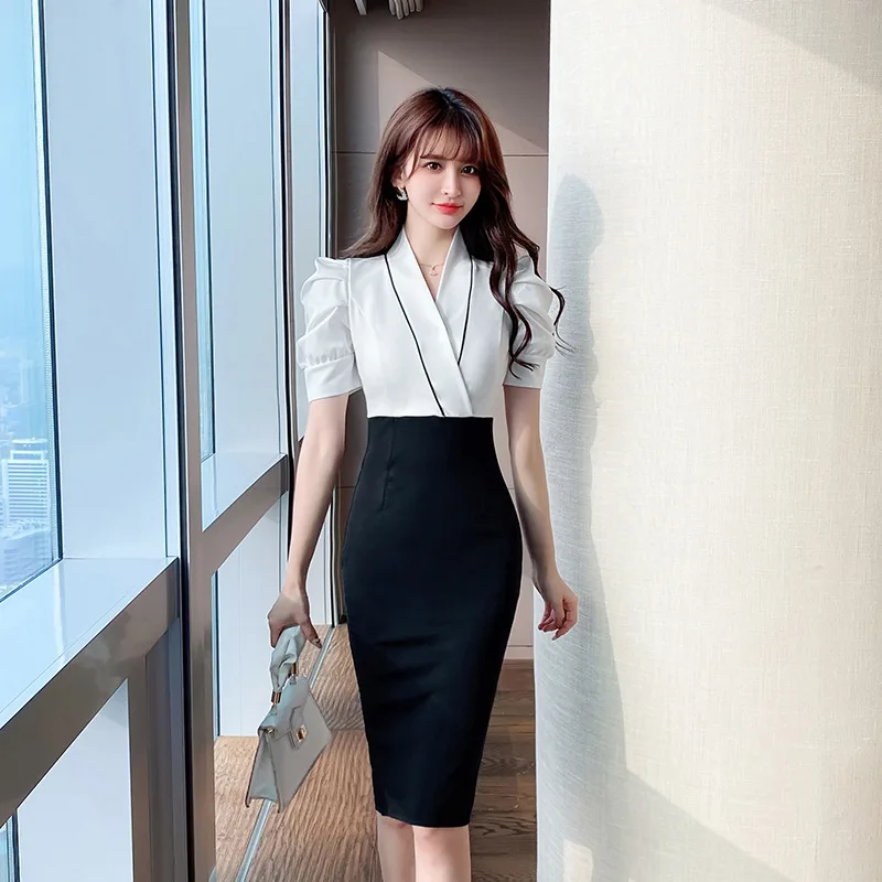 

Summer Short Sleeve Elegant Dresses for Women 2022 High End Bodycon Office Dress Patchwork Fashion Wrap Bandage Dress Vestidos