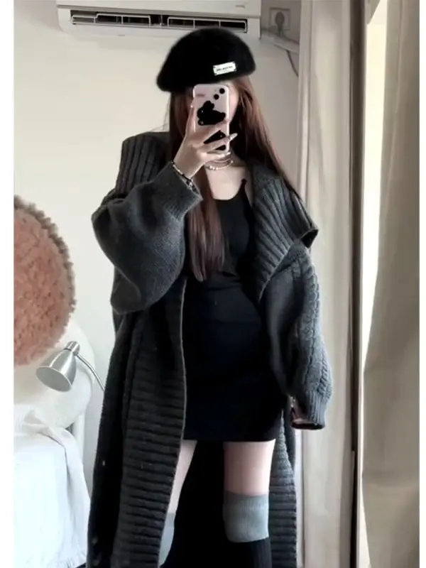 4 Color Autumn Winter Big Turn-down Neck Thick Warm Cardigan Knitwear Women Mohair Striped Knitted Long Coat Loose Poncho Trench