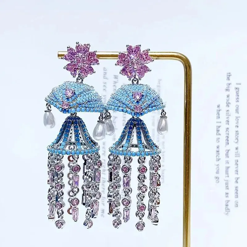 Bilincolor Micro Set Zircon Flower Wind Chime Tassel Earrings