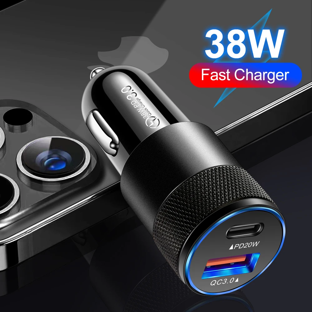 CARGADOR COCHE CARGA RAPIDA PD + QC 38W 3A + CABLE PD USB-C A USB-C BLANCO