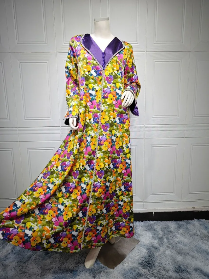 Satin Jalabiya Dresses Women Abaya Muslim Diamond Ramadan Print Flower Party Dress Long Robe Woman Kaftan Robe Eid Abayas Autumn