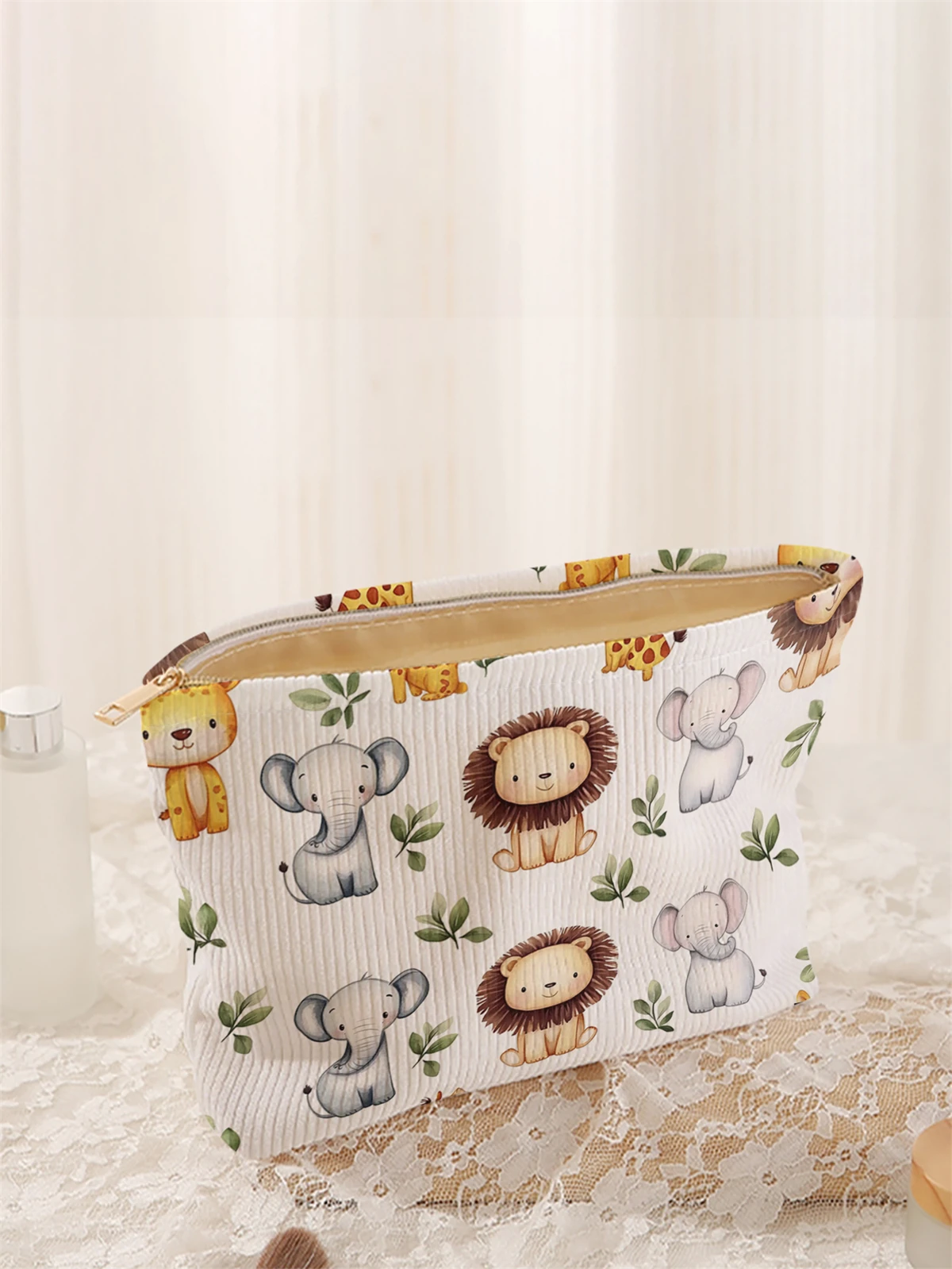1pc cartoon pattern printed corduroy makeup bag, lightweight zipper makeup storage box, multifunctional bag with lining