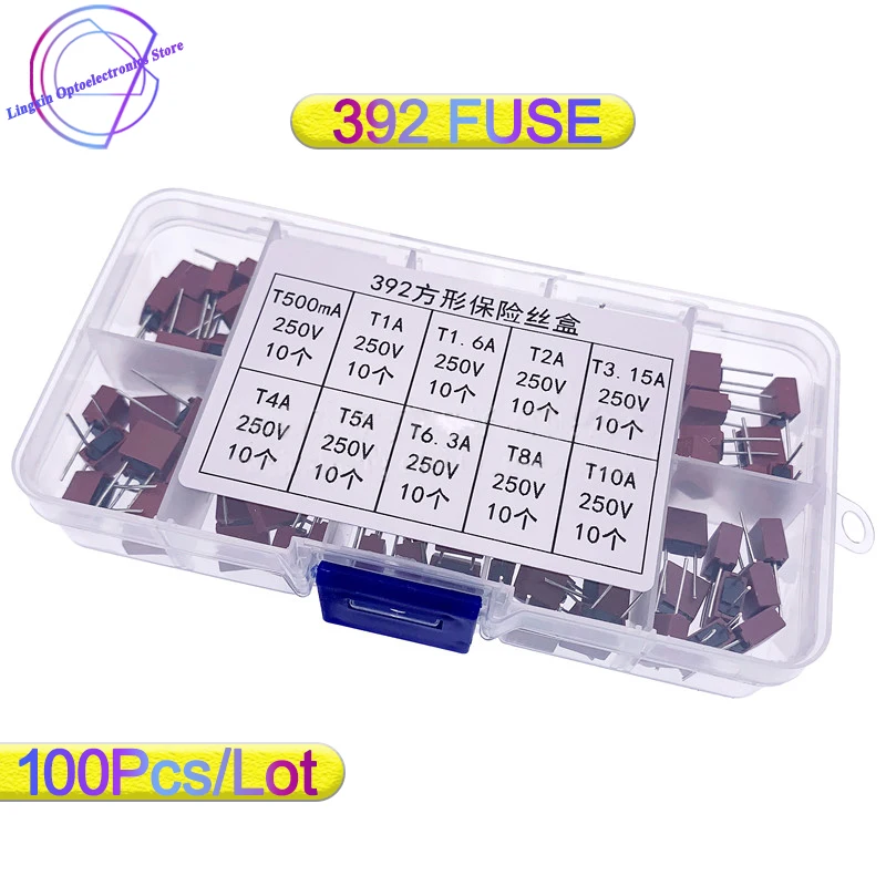 

100Pcs/lot 392 square fuse package mixed box 8*4MM T500mA T1A T1.5A T2A T3.15A T4A T5A T10A 250V 10 specifications, 10 each