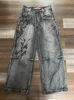 2024 American New Y2K Harajuku Retro Print Jeans Women's Washed Grey Straight Pants Street Gothic Loose Unisex Casual Pants 1