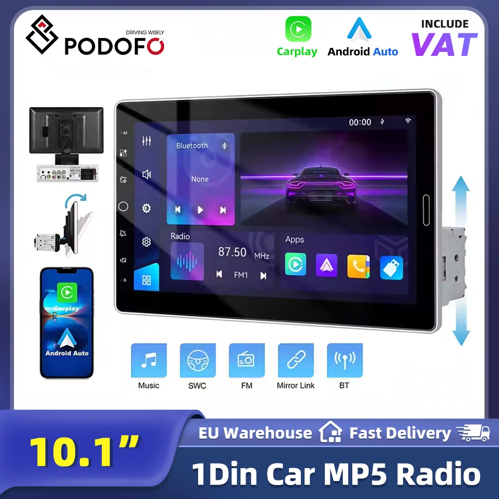 Autoradio Android Podofo 10,1 pouces avec écran rotatif 1DIN, lecteur MP5, Carplay sans fil, Bluetooth, radio AM RDS, récepteur FM, prise en charge de la caméra de recul 1