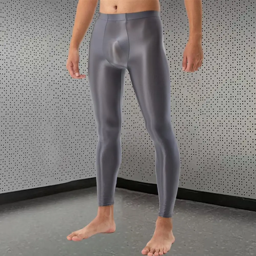 Elastic Pants Men\'s Silky Smooth Slim Fit High Elastic Long Johns Leggings with U Convex Bulge Pouch Soft Breathable Mid Waist