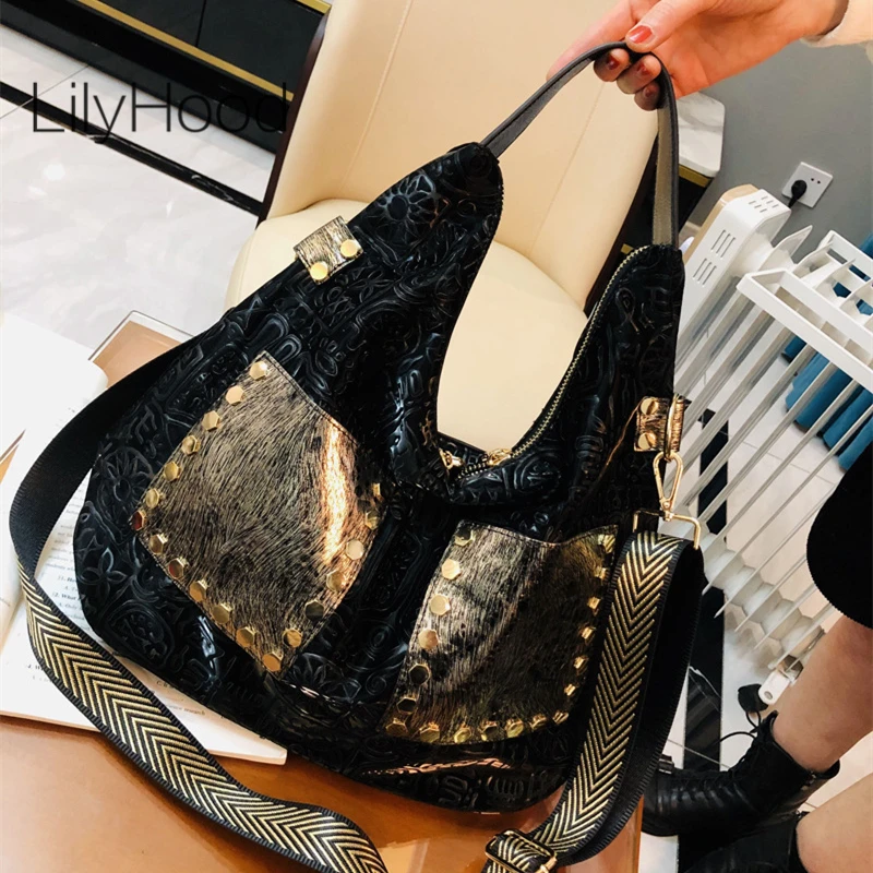 

Oversized Women Vegan Leather Rivet Pockets Hobo Soft Slouchy Bag Female Quality Embossed Holographic Black Shoulder Bag Gift