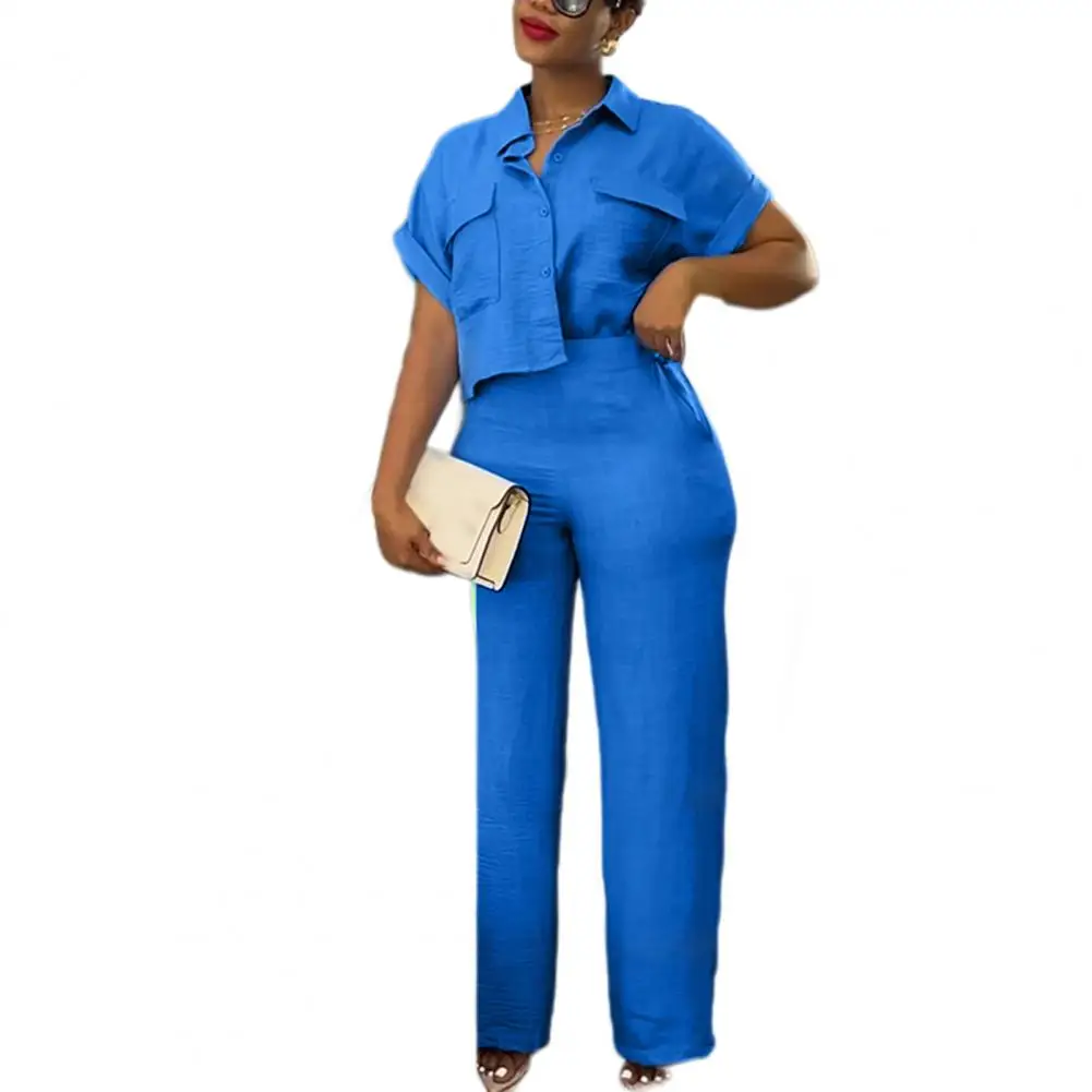 2 Pieces/set Women's Shirt Pants Suit Lapel Short Sleeve Single Breasted Solid Color Wide Leg Straight Women's Casual Suit