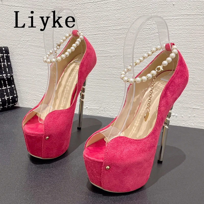 

Liyke Sexy Peep Toe Extreme High Heels Sandals Elegant Women Party Wedding Shoes Fashion String Bead Ankle Strap Platform Pumps