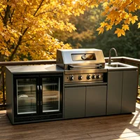 Meubles de cuisine d'extérieur modernes, modulaires et fonctionnels en acier inoxydable avec grill, plaque de cuisson, évier, réfrigérateur et éclairage LED pour jardin, patio ou cour arrière 2