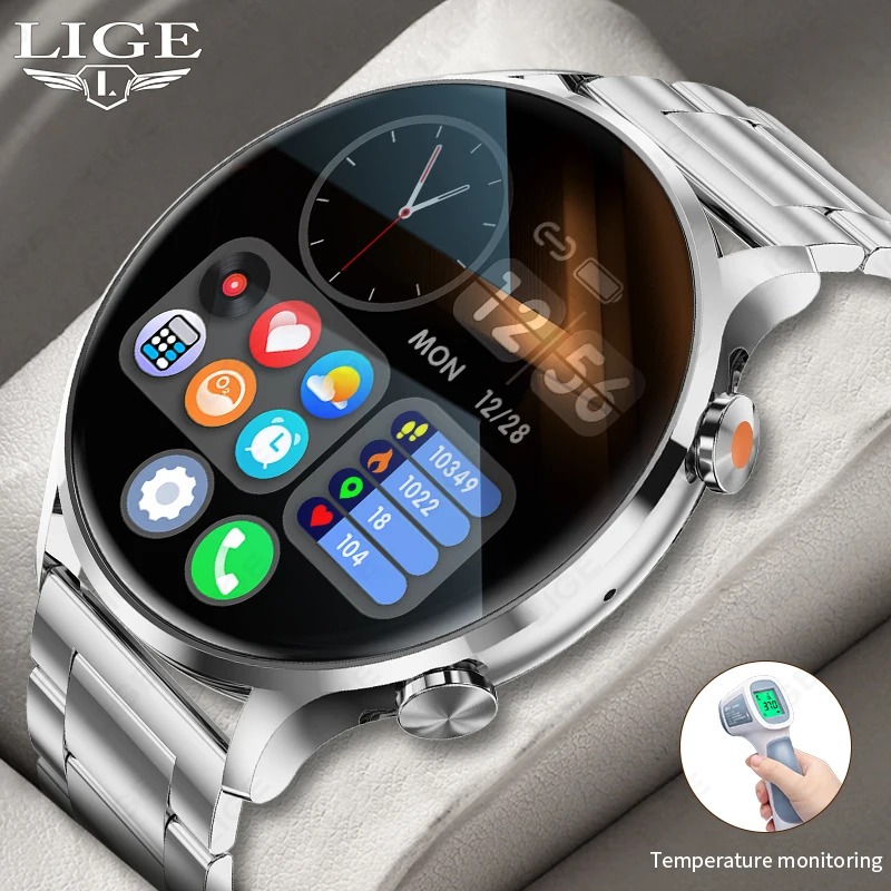 

LIGE Smart Watch BLE5.2 Bluetooth Call Sport Outdoor Fitness Full Touch Band Waterproof IP67 Body Temperature Smartwatch For Men