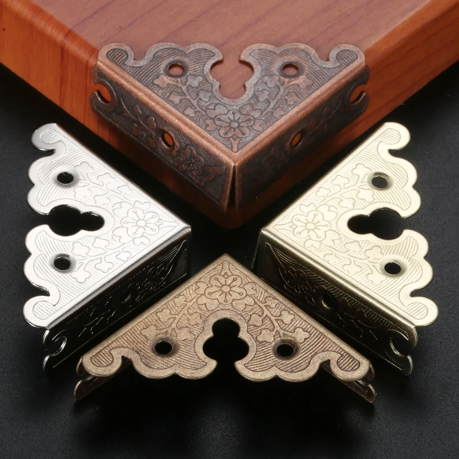 Antique Alloy Triangle Corners Wooden Jewelry Box Flower Lace Edge Protector Decor 34mm Bronze/Red/Gold/Silver 4pcs/lot