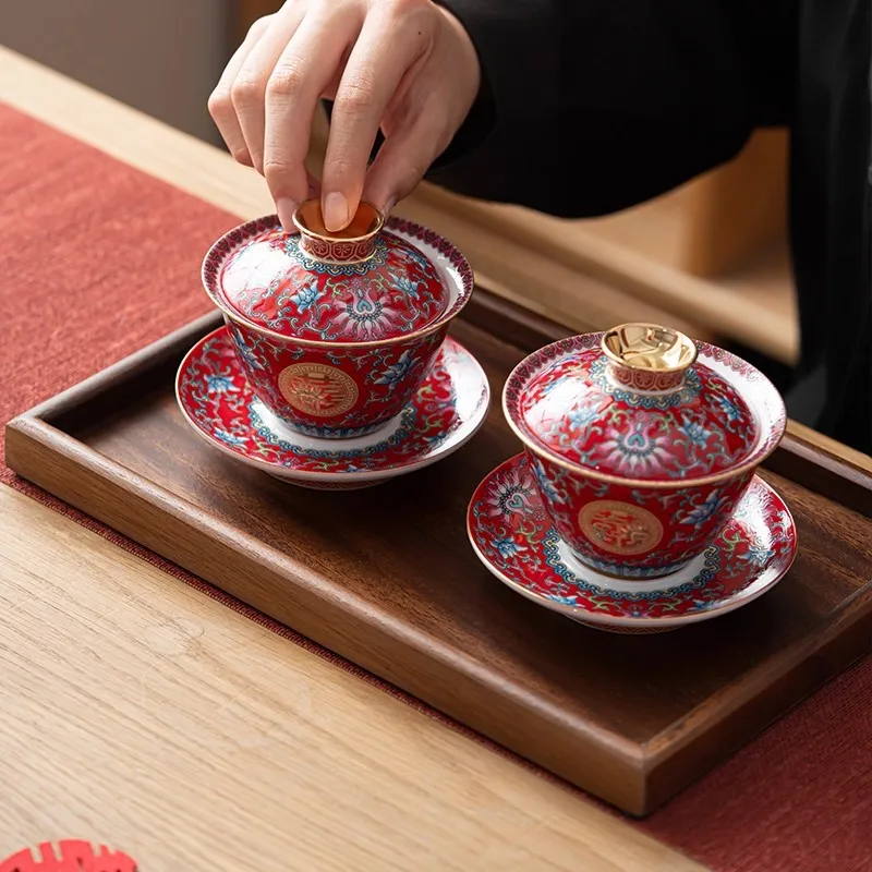 Chinese Wedding Tea Set, Enamel Red Double Happiness Cup, Bride Dowry Gifts, Ceremony Kung Fu Tea Pot, Bridal Bowl Chopsticks