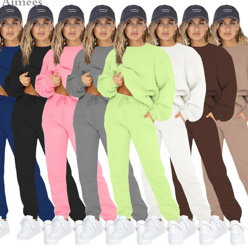 

2022 Autumn Long Sleeves Woman Two Pieces Pants Set Candy Colors Sweatshirt Round Collar High Waist Casual Tracksuit