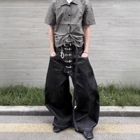 Loose Wide Leg Jeans Men Women Multi-Buckle Design Sensation Cross-Border Street Fashion Trousers Long Pants Trendy Knife Shape