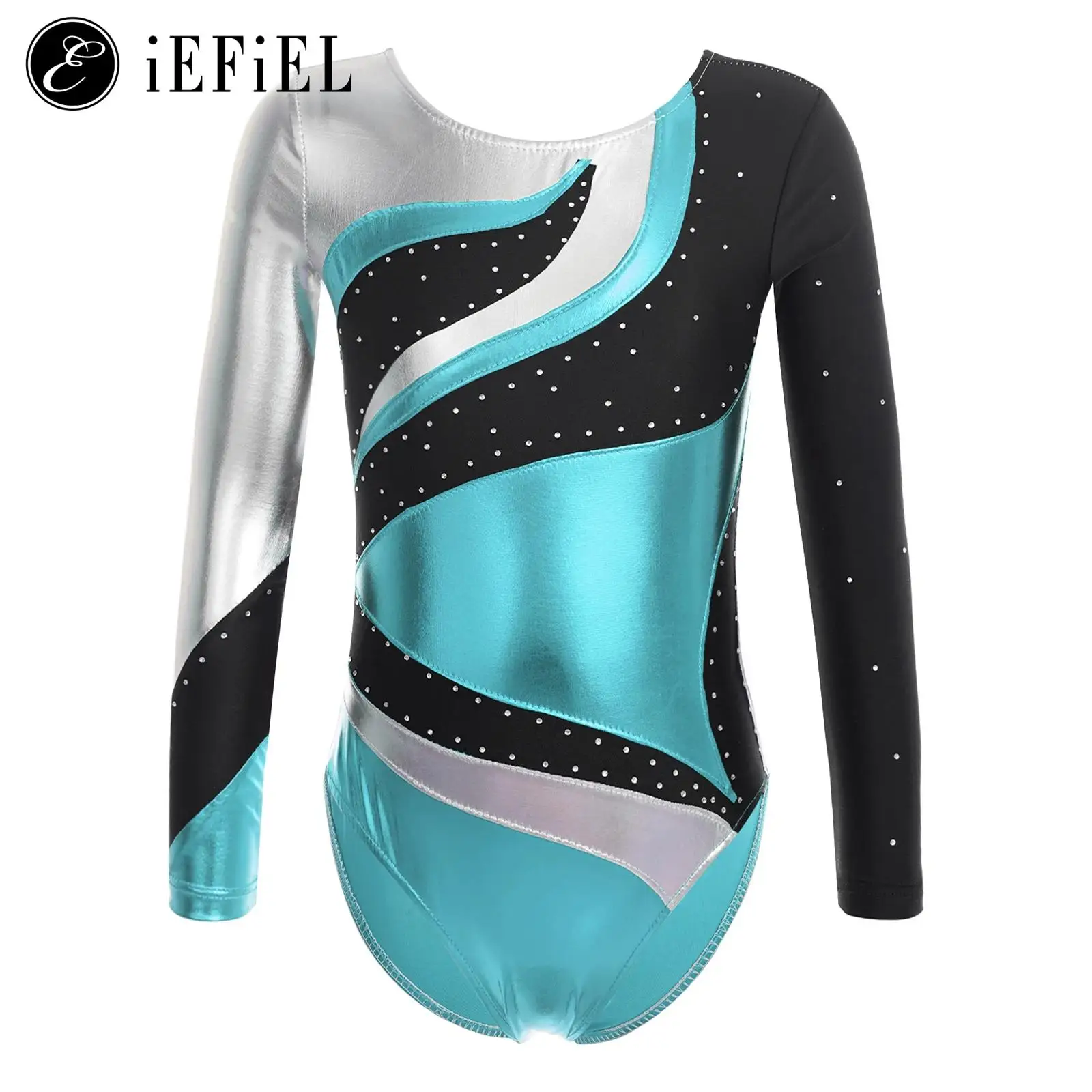 

Kids Girls Shiny Rhinestone Long Sleeve Modern Dance Leotard Bodysuit Figure Ice Skating Roller Skating Competition Jumpsuit