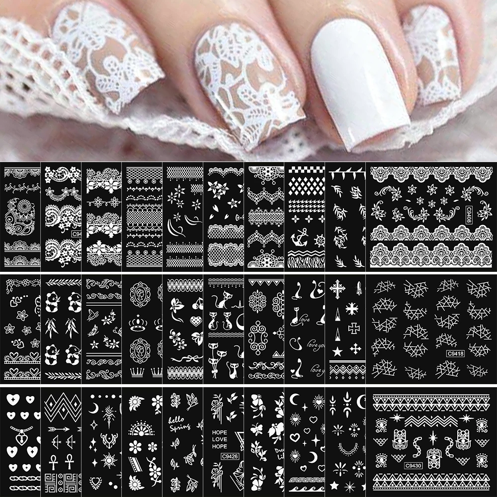30pcs White & Black Lace Nail Art Stickers Flower & Star Designs Self-Adhesive Manicure Nail Foil Decoration Art Supplies