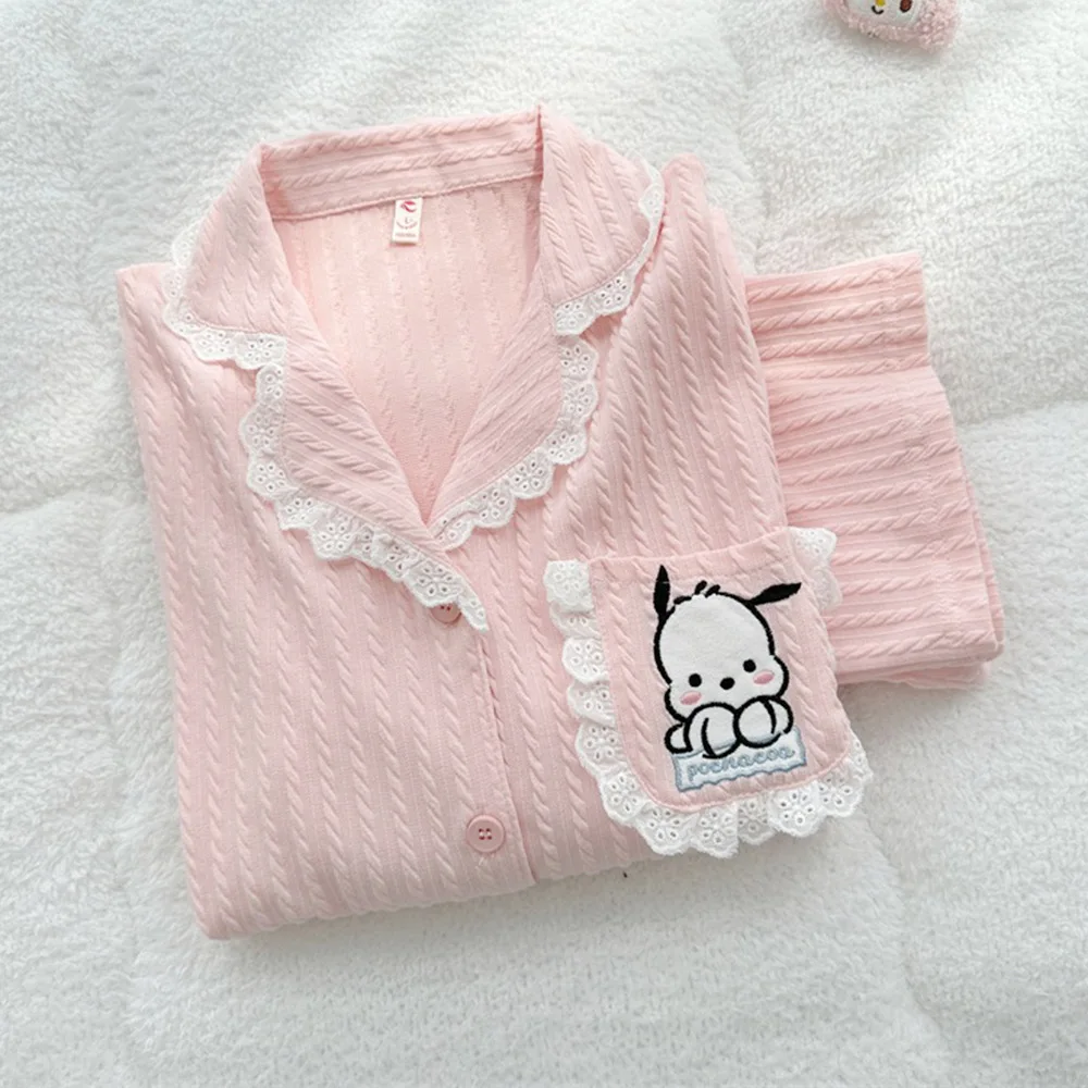 

Kawaii Sanrio почтовый мультфильм женские пижамы с длинным рукавом брюки весна и осень чистый хлопок ночной город розовые кружева девушка домашняя одежда