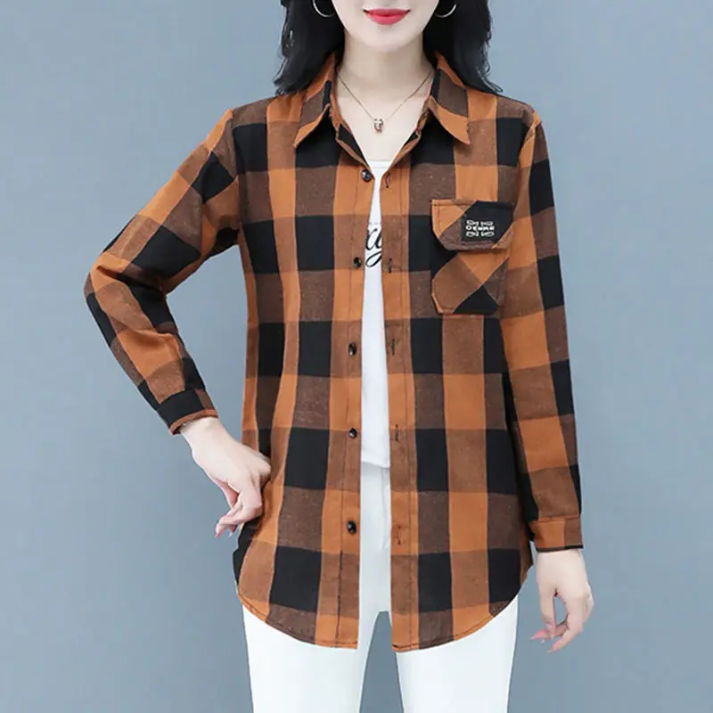 Женская винтажная Блузка в клетку, повседневная однобортная рубашка с отложным воротником и карманами