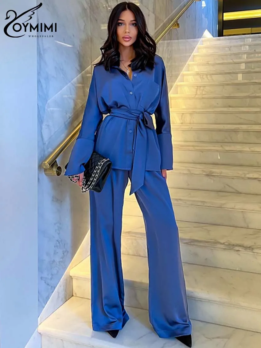 Oymimi Casual Blue Satin 2 Piece Sets Women Outfit Elegant Lace-Up Button Shirts And High Waist Straight Trousers Female Sets