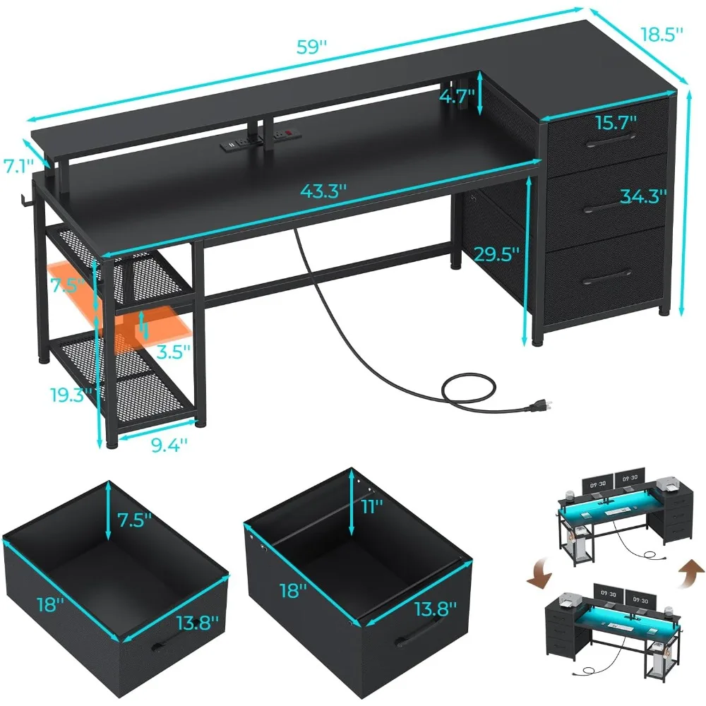 59" Office Desk, Reversible, Drawers & Storage, Gaming Desk with LED Lights & Power Outlet 2