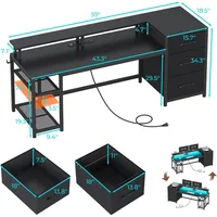 59" Office Desk, Reversible, Drawers & Storage, Gaming Desk with LED Lights & Power Outlet 2
