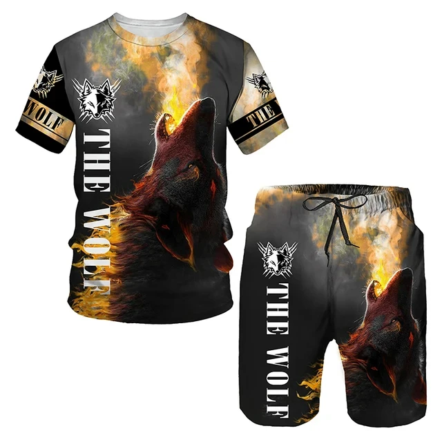 The Wolf Print Set Suit Hip Hop Harajuku 3D Sports 2 Piece Oversized Sweatshirt  O-neck Tshirt Beach Shorts Outfits man clothes 5