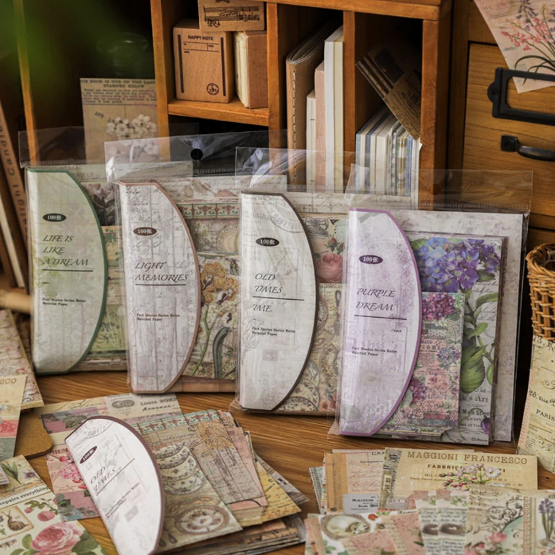 4Style 100pcs/pack Retro Material Paper Past Story Series Flower Butterfly Handbook DIY Base Literary Background Scrapbook scrapbook materials