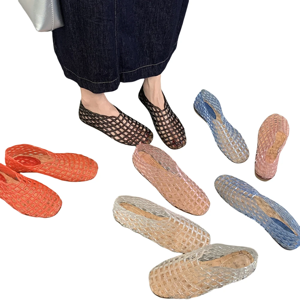 Women Flats Shoes Jelly Mesh Square Toe Hollow Out Lightweight Beach Breathable Summer