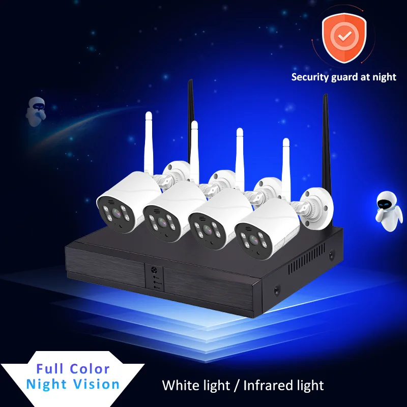 3MP 1296P iCsee APP 4CH 무선 NVR 키트 풀 컬러 비디오 IP 카메라 레코더