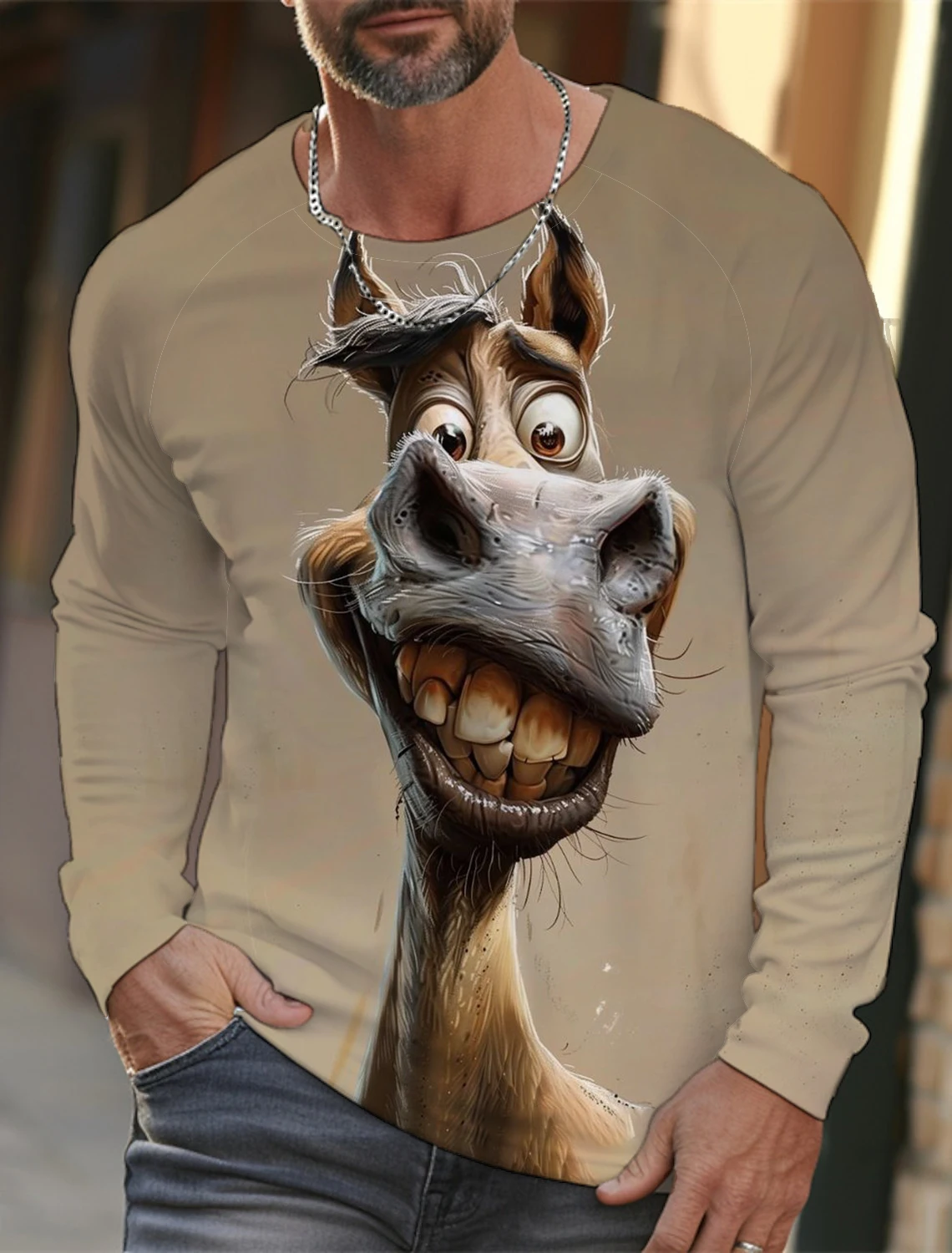 Men’s long sleeve cotton T-shirt with bold 3D animal print in Harajuku streetwear style 03