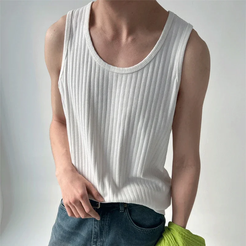 

Fashion Solid Color Slim Knit Vest For Mens Sleeveless O Neck Straps Ribbed Tank Tops Men Knitwear Casual Knitted Camisoles Male