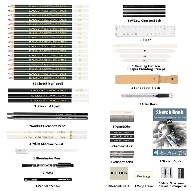 KALOUR 52-Pack Sketch Drawing Pencils Kit with Two Sketchbook,Tin Box,Include Graphite,Charcoal and Artists Tools,Pro Art Drawing Supplies for