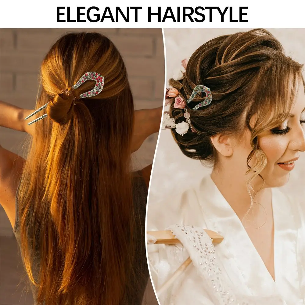 Vintage U Shaped Hair Sticks Crystal Chignon Double Prong Hair Pins Headdress Metal Bronze Hairstyle Accessory Hair Chopsticks