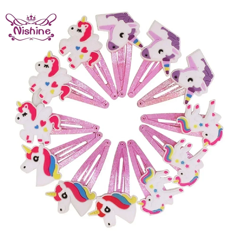 Nishine 10pcs/lot Unicorn Hair Clips Cartoon Animal Hairpins Cute Kids Headwear Baby Girls Hair Accessories Photo Props Gifts ncmama 8pcs set children cute hair clips cartoon flower hairpins baby girls lovely hair clips kids hair bands hair accessories