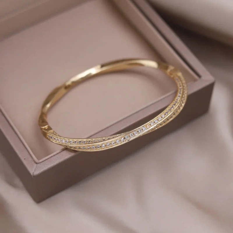 French Design Fashion Jewelry 14K Gold Plated Zircon Twist Closed Bracelet Women's Party Accessories bangle bracelet zircon bracelet