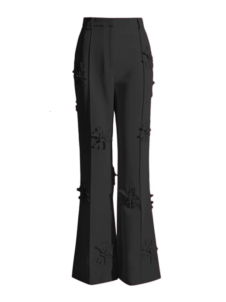 KBQ Solid Spliced Appliques Pant For Women High Waist Patchwork Zipper Folds Tunic Casual Wide Leg Pants Female Clothing Style
