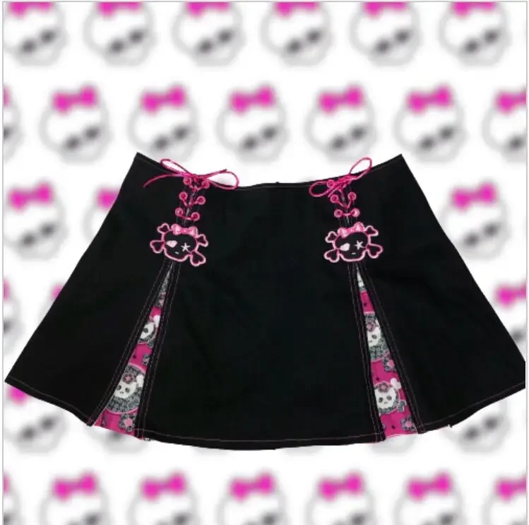 Japanese Harajuku Skull Skirts Black Rock Plaid Splicing Preppy Hot Sweet Girl Gothic Kawaii High Waist A line Mini Short Skirt gothic short stories