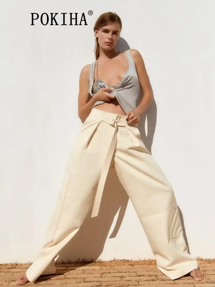 

Pokiha Fashion Women Casual Side Pockets Cargo Style Straight Pants Vintage High Waist With Belt Chic Female Trousers Mujer