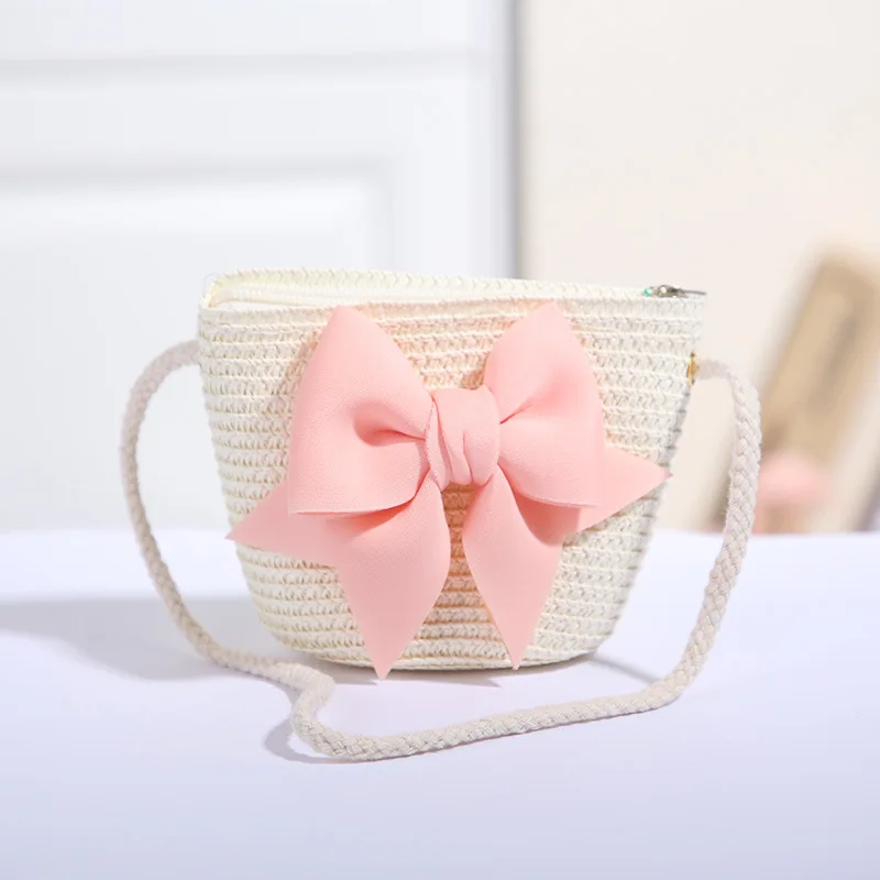New Pink Bow Girl Bags Zipper Woven Straw Kids Princess Messenger Bags Outdoor Travel Keys Candy Crossbody Bags 4