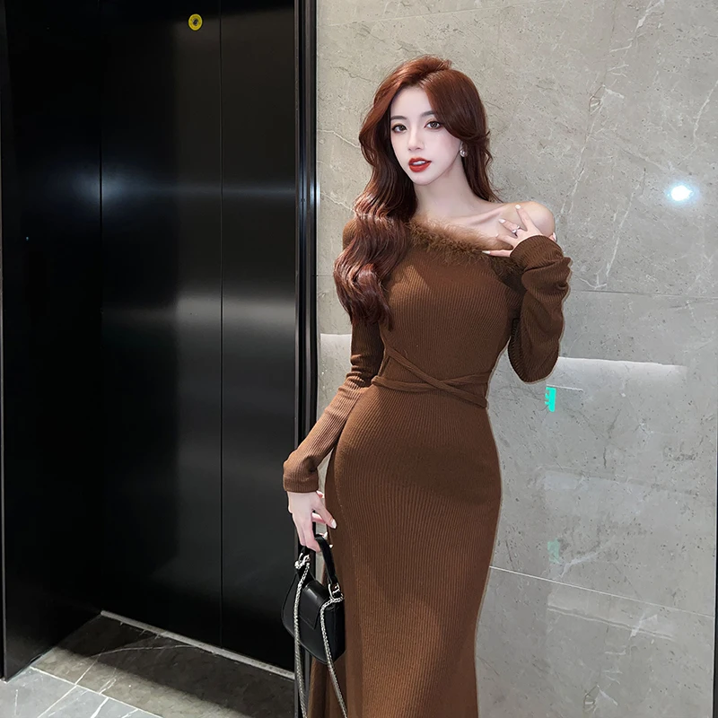 

Spicy Girls' Sexy Off Shoulder Dress Women's Off Shoulder High Grade Fur Splicing Temperament Long Dress