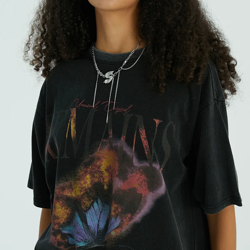 

Heavy Cotton Vintage Washed Flame Butterfly Printing Tees Couples Oversized Casual Short Sleeve T-Shirt for Summer