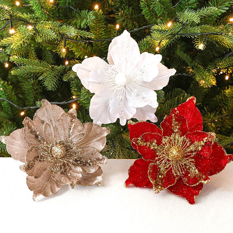 Artificial Christmas Flowers Glitter Christmas Tree Decorations Home Fake Flowers Ornaments New Year Decorations