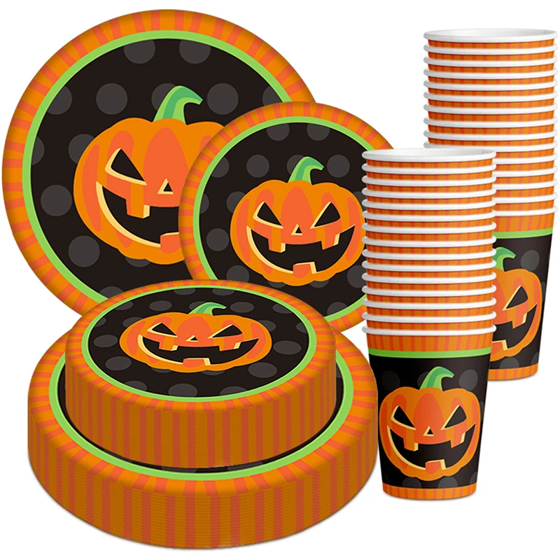 Houseeker 10pcs Halloween Disposable Tableware Sets Christmas Paper Plates Cups Ghost Pumpkin Halloween X-Mas Party Decorations