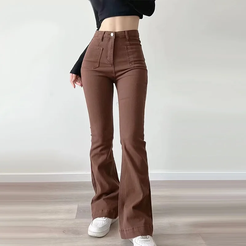 Women Flared Jeans Loose Denim Pants Bottom Straight High Waist Stretch 2022 Spring Autumn Solid Color Female Fashion Streetwear