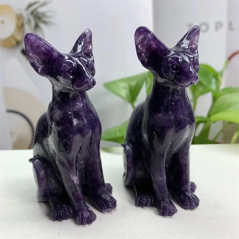 

8cm Natural Lepidolite Egyptian Cat Crystal Carving Crafts Healing Energy Stone Fashion Home Decoration Gift Ornaments 1PC