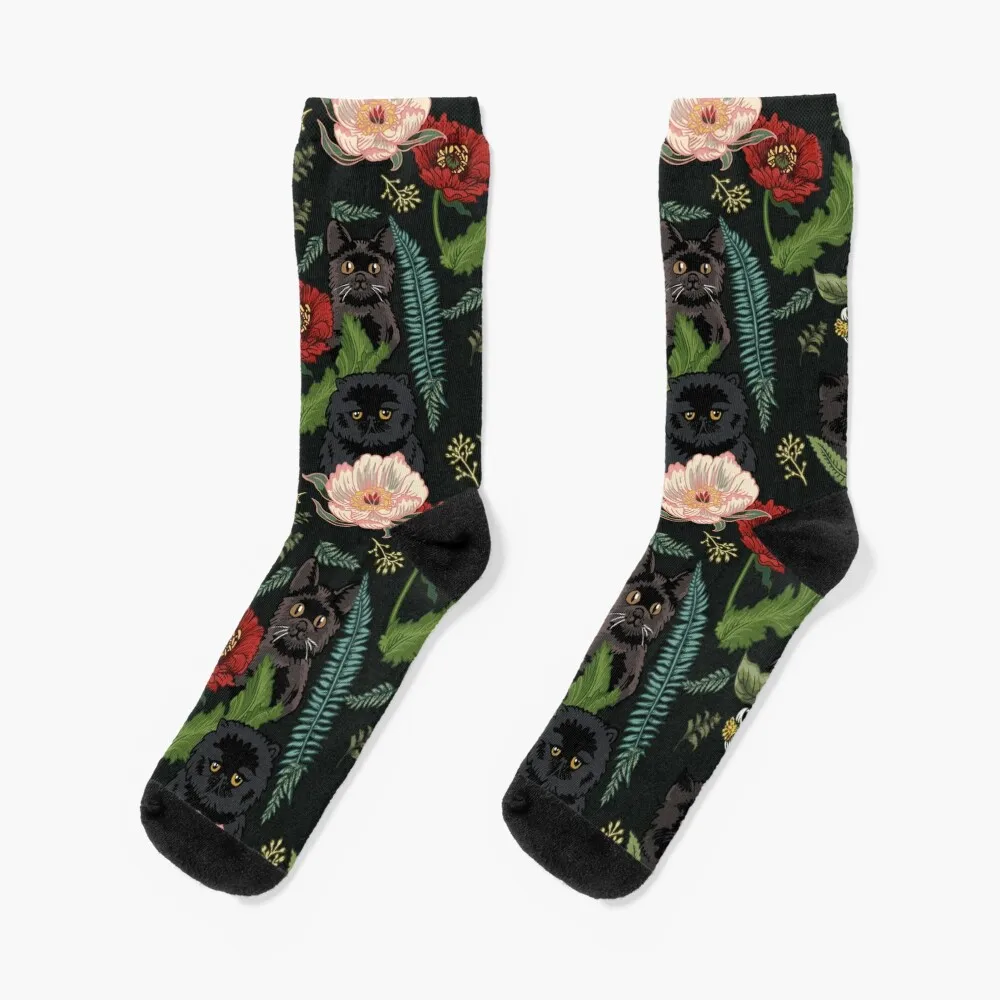 Botanical and Black Cats Socks designer Hiking boots Ladies Socks Men's