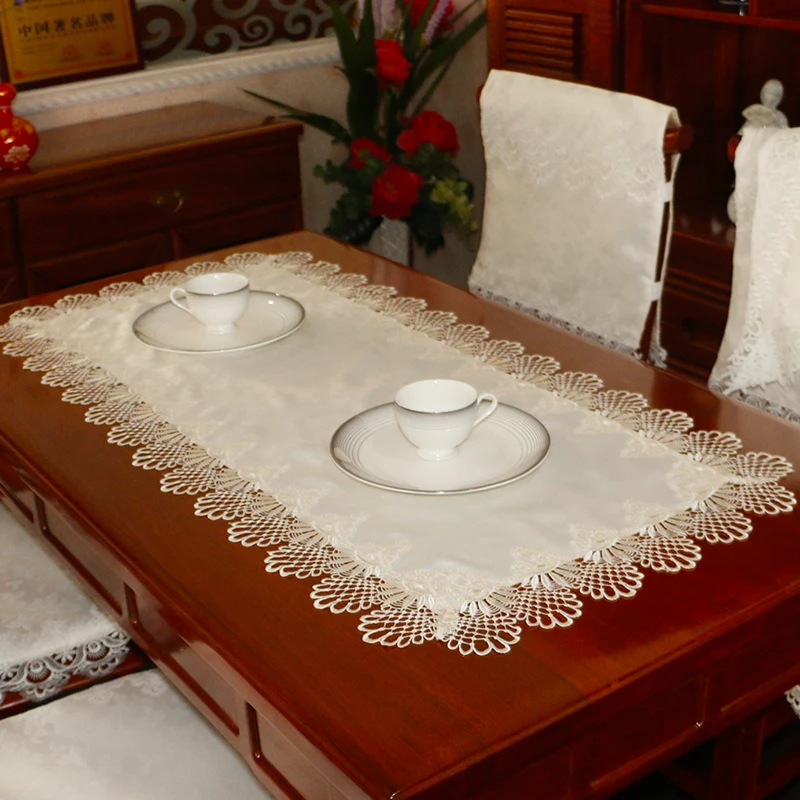 

Cheap satin Hollow lace bed table runner cover cloth beige embroidered overlay placemat tea tablecloth party home kitchen